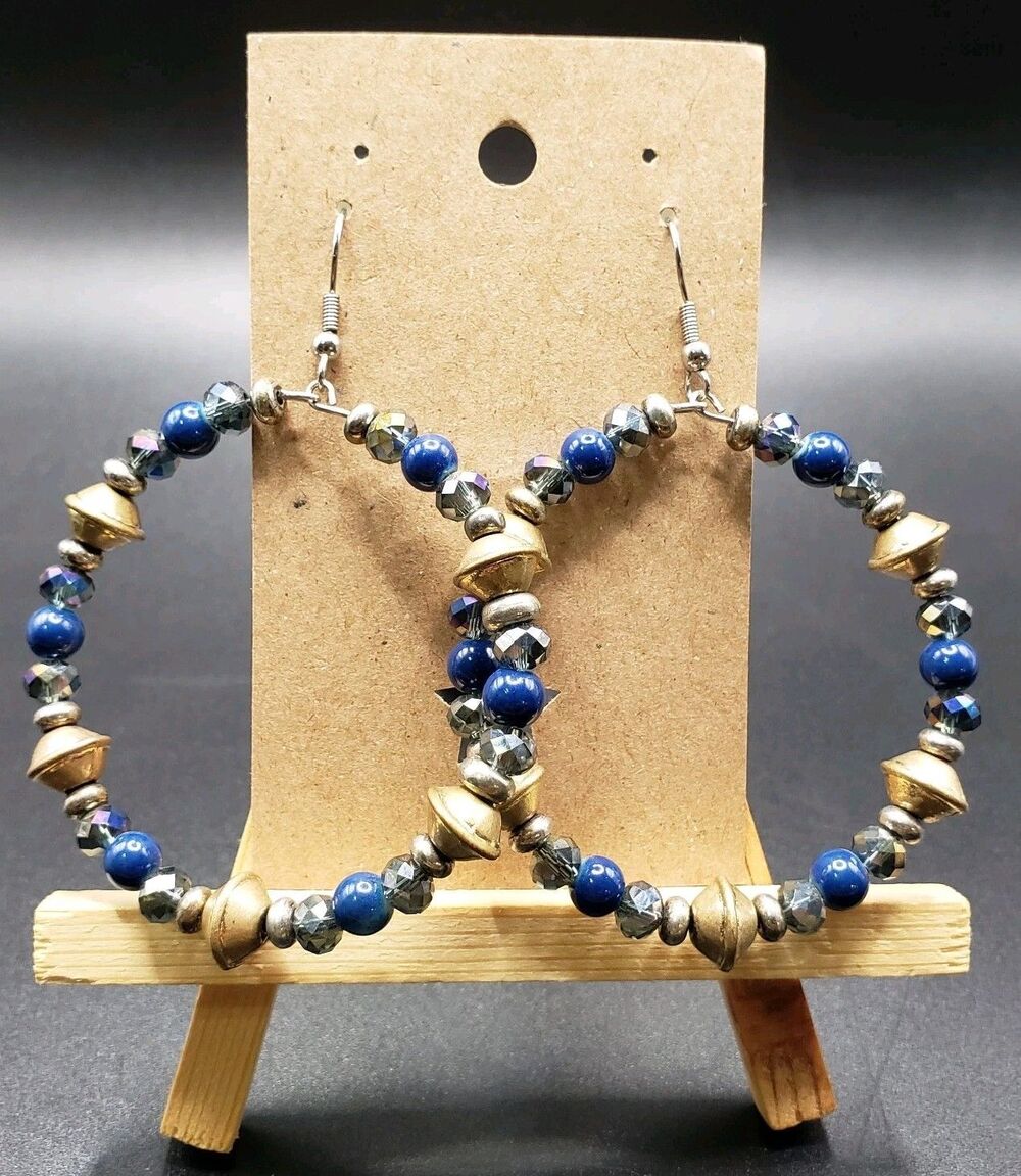 Dangle/Drop Ceramic/Glass Blue Bronze Bead Large Hoop Style Handcrafted Earring!